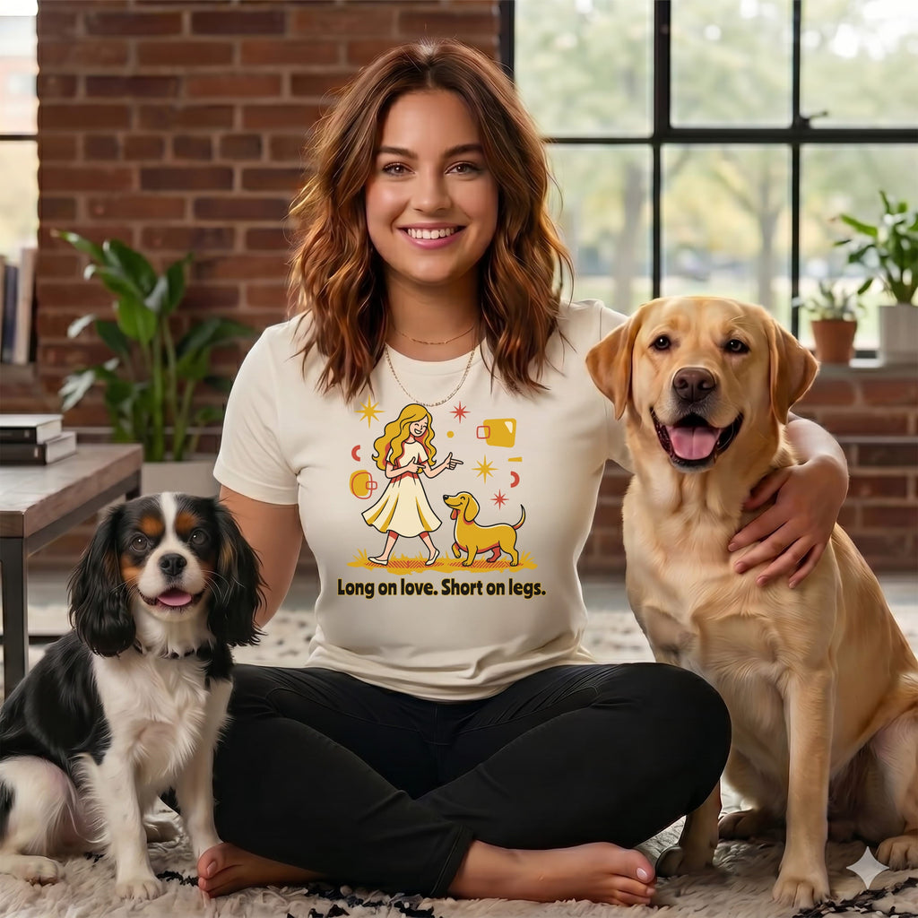 Woman sitting with two dogs, wearing a t-shirt with text.