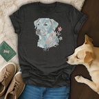 Dark grey t-shirt featuring a mosaic-style dog portrait with delicate flowers.