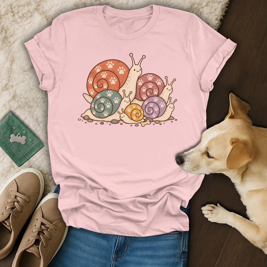 Pink t-shirt with a cartoon graphic of colorful snails featuring paw prints on their shells.