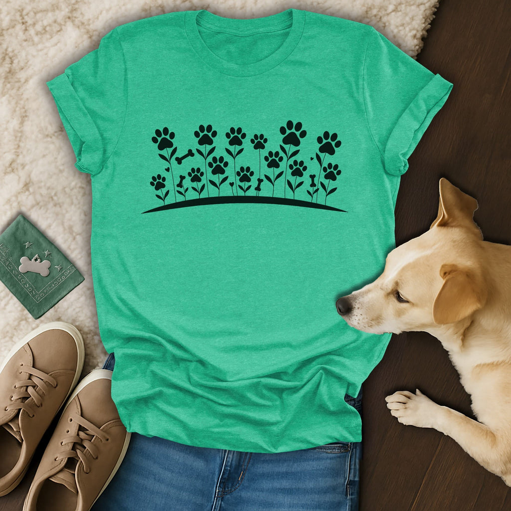 Green t-shirt with floral paw prints and bone design.
