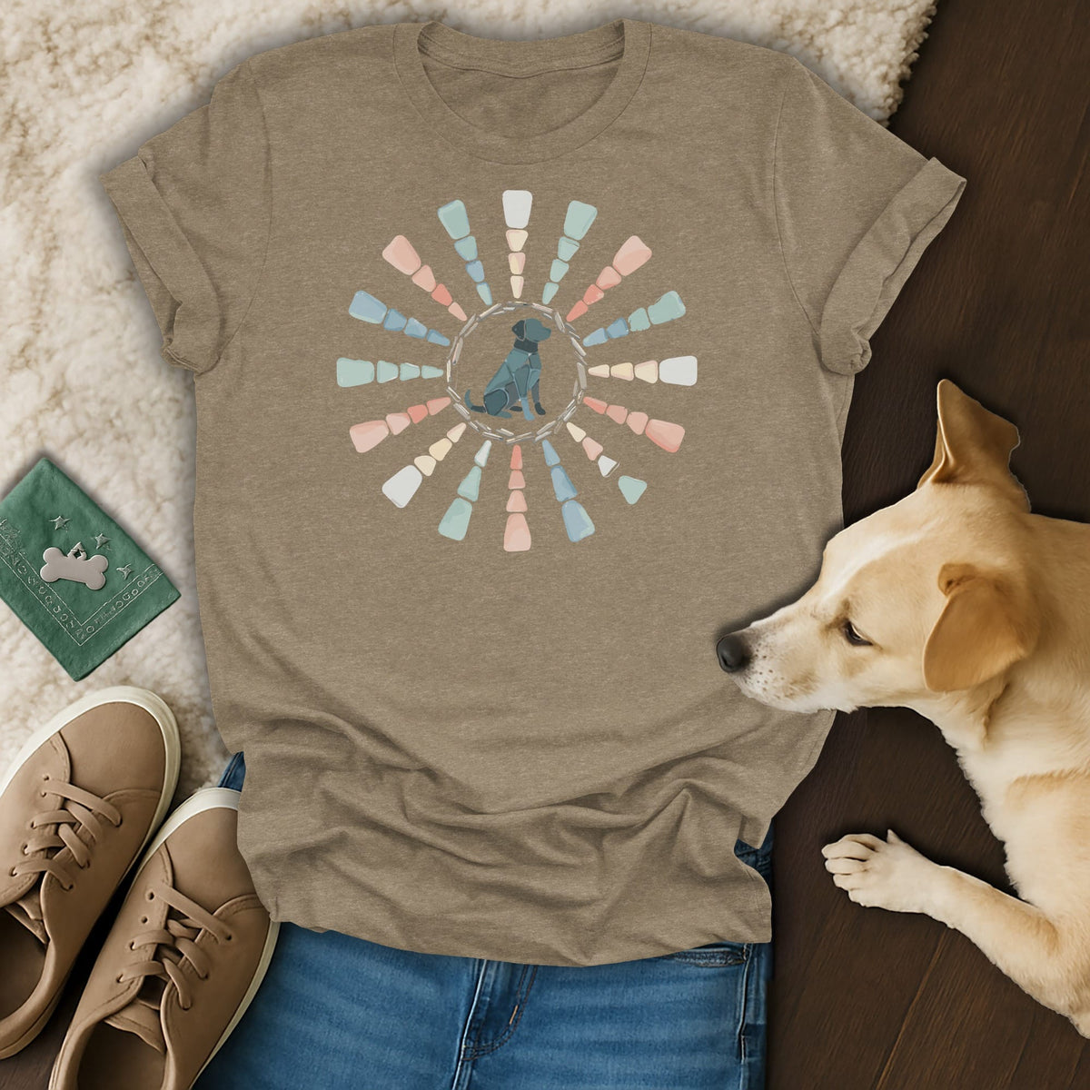 T-shirt with a blue dog silhouette inside a colorful sunburst graphic.