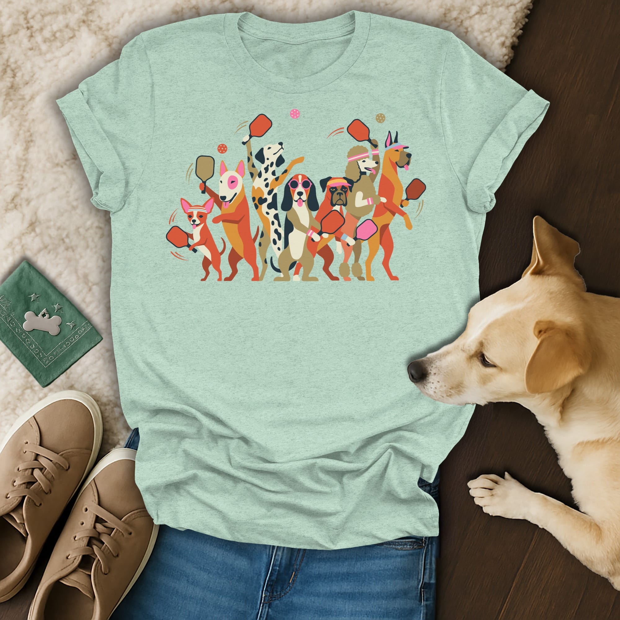 Dogs playing pickleball with paddles and vibrant pink balls on a t-shirt.