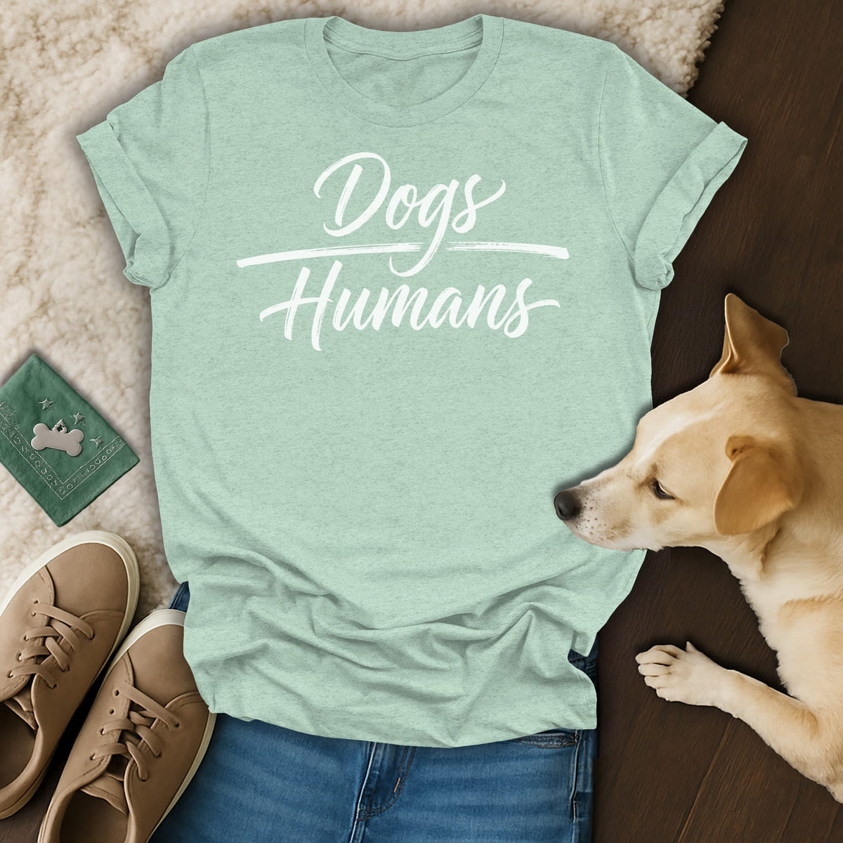 Light teal t-shirt with "Dogs Humans" graphic, shown with dog and shoes.