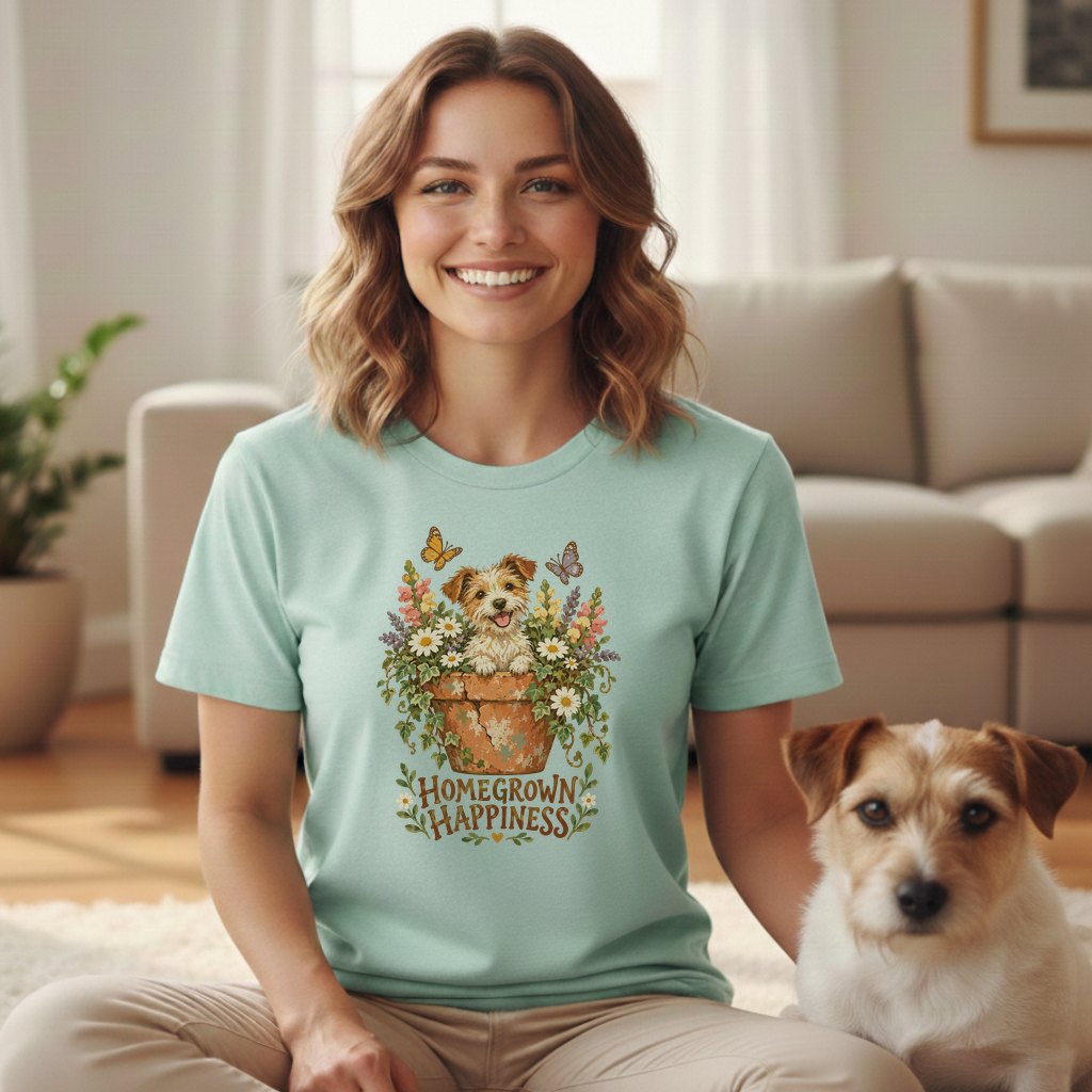 A smiling woman wearing a mint-green t-shirt featuring a puppy in a flowerpot and the text HOMEGROWN HAPPINESS, sitting next to a Jack Russell Terrier.
