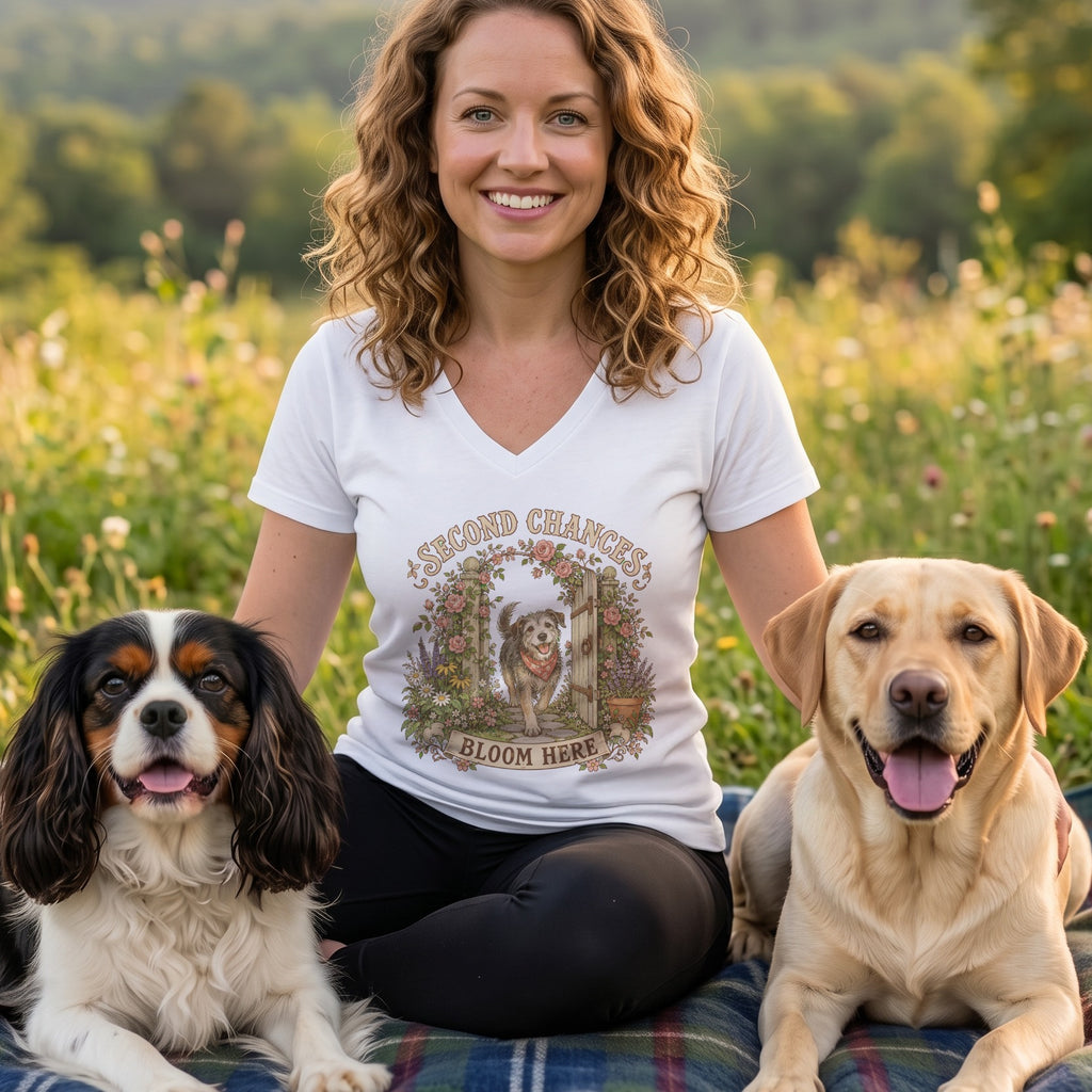Smiling woman wearing a white graphic t-shirt sitting outdoors between a Cavalier King Charles Spaniel and a yellow Labrador.