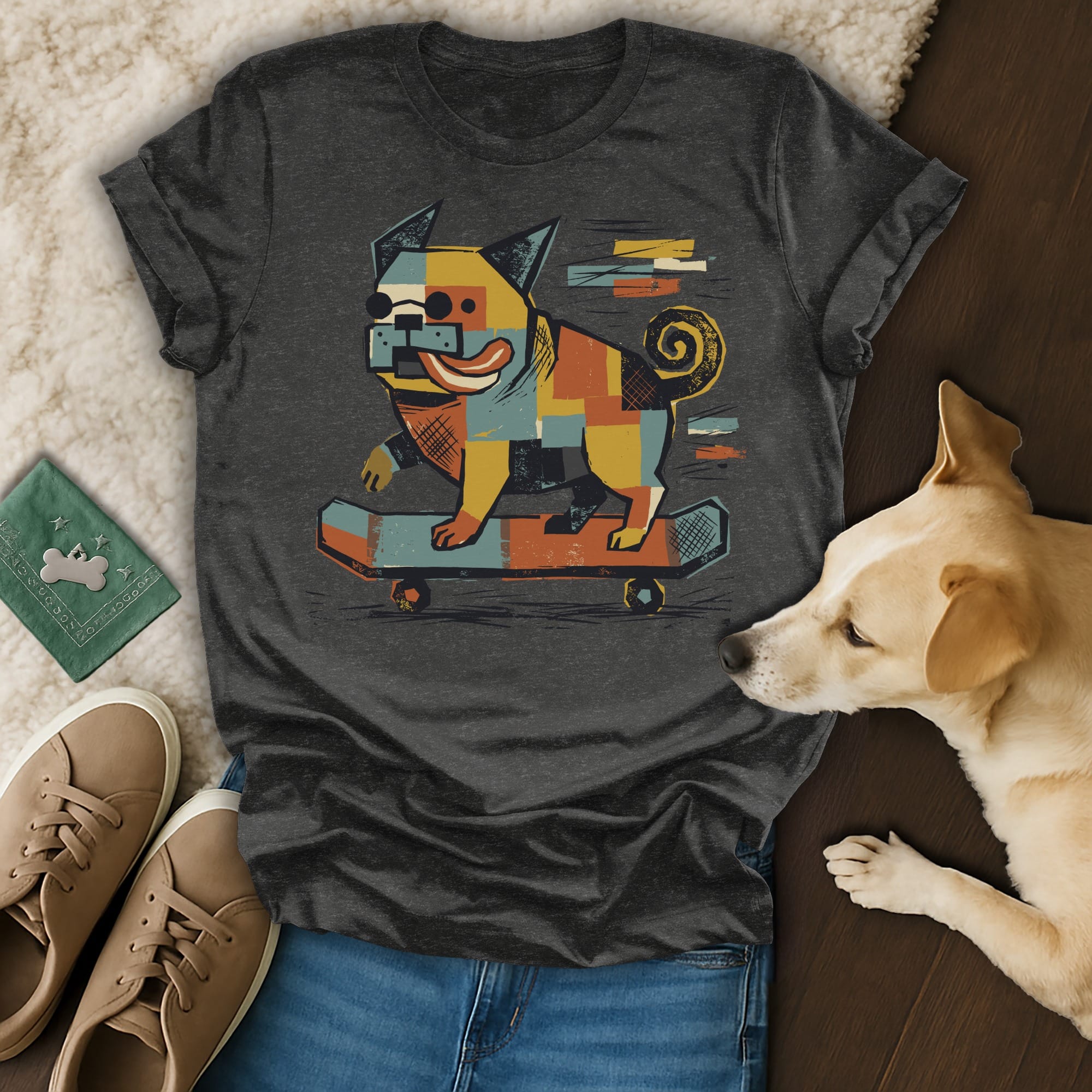 T-shirt with a stylized, colorful patchwork dog riding a skateboard.