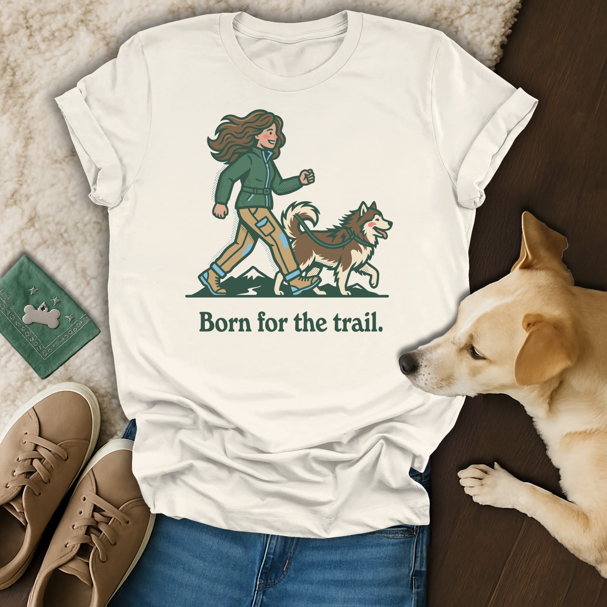 Cream t-shirt with graphic of woman and husky dog with text "Born for the trail."