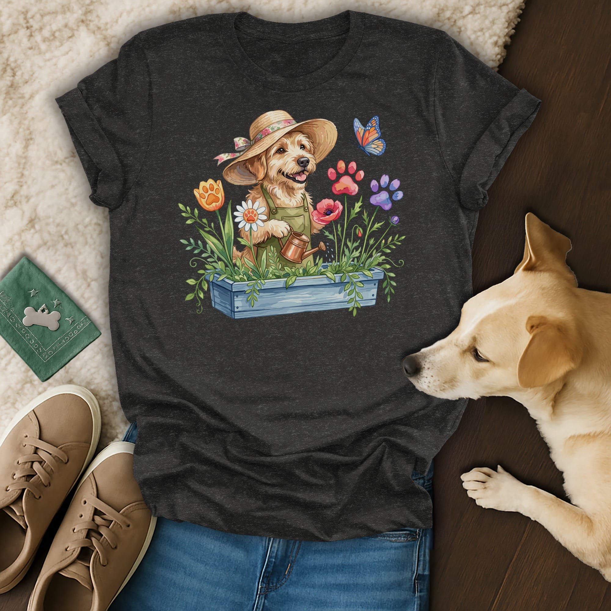 Dark t-shirt with watercolor illustration of a dog gardening with flowers and butterfly.