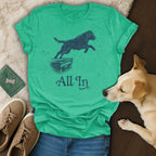 Teal t-shirt with a jumping dog silhouette and "All In" text.