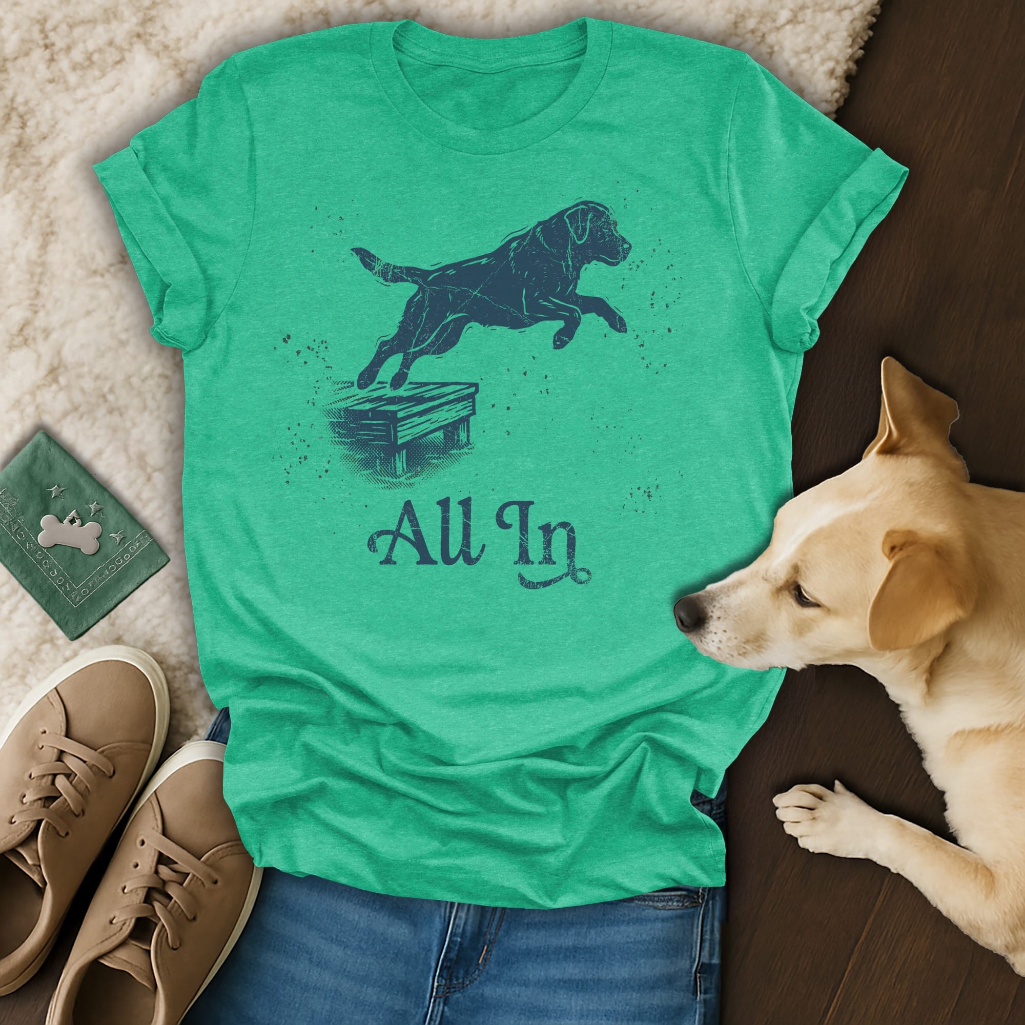Teal t-shirt with a jumping dog silhouette and "All In" text.