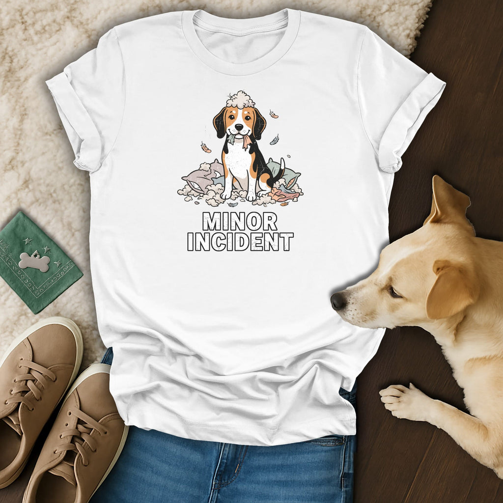 White t-shirt with Beagle sitting amidst torn pillows and the text "MINOR INCIDENT".