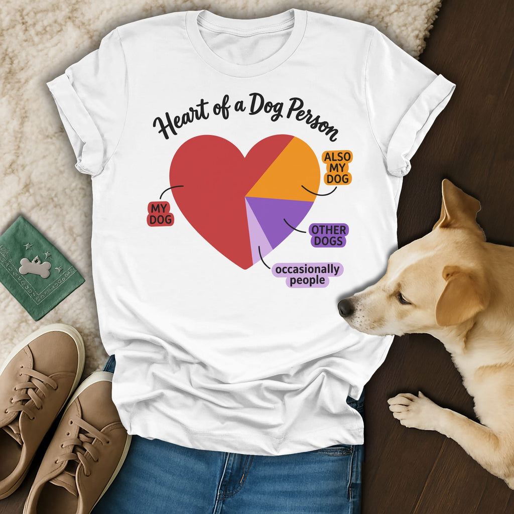 White t-shirt with "Heart of a Dog Person" and pie chart labels: My Dog, Also My Dog, Other Dogs, Occasionally People