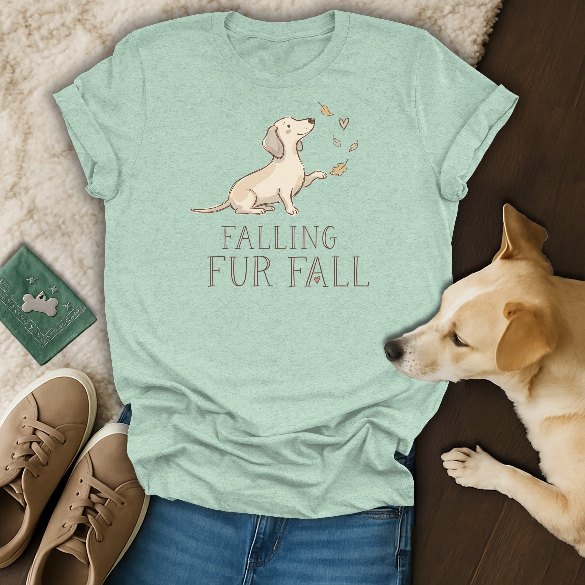 Light teal t-shirt with dachshund and "Falling Fur Fall" text.