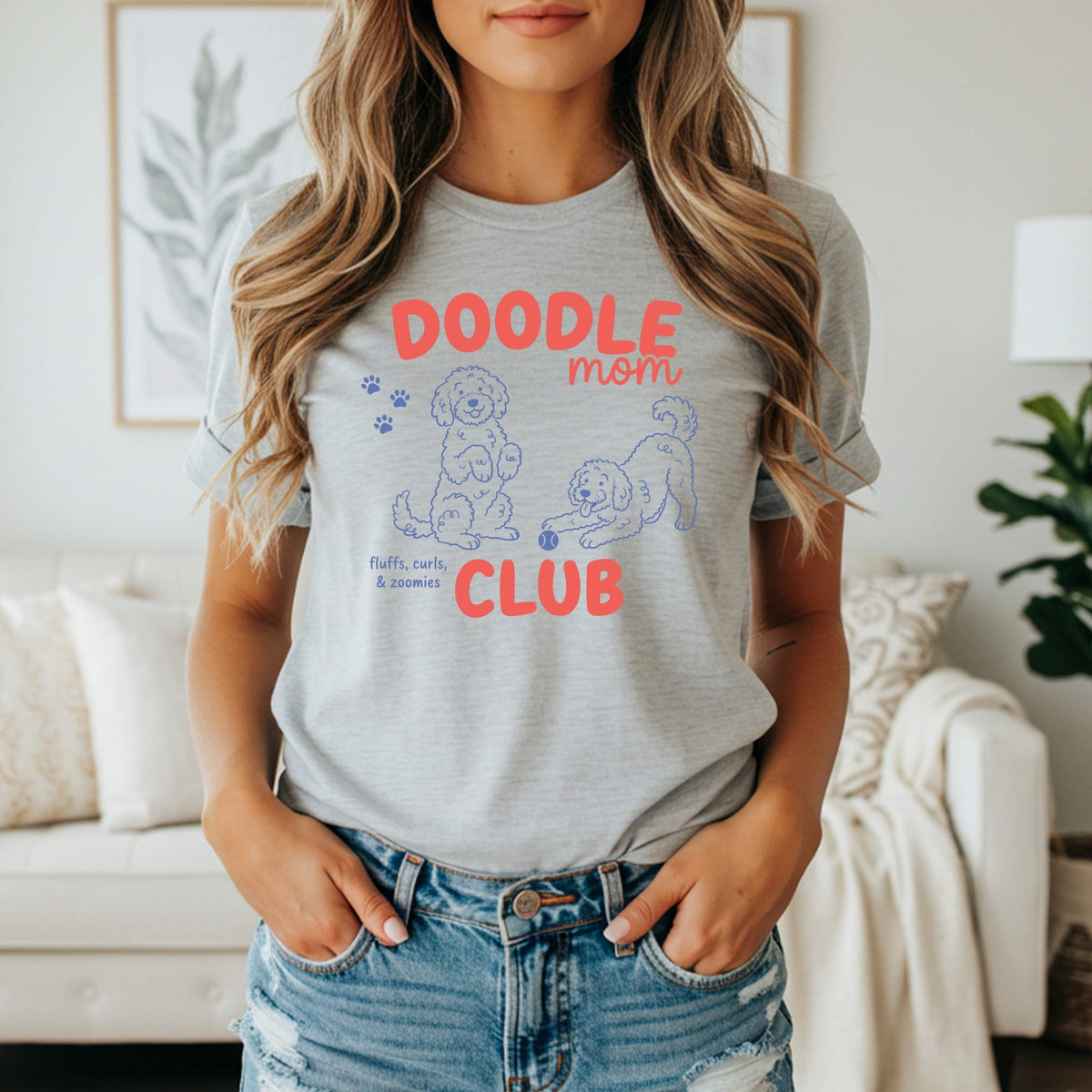Grey t-shirt with "Doodle Mom Club" and doodle dog illustrations.