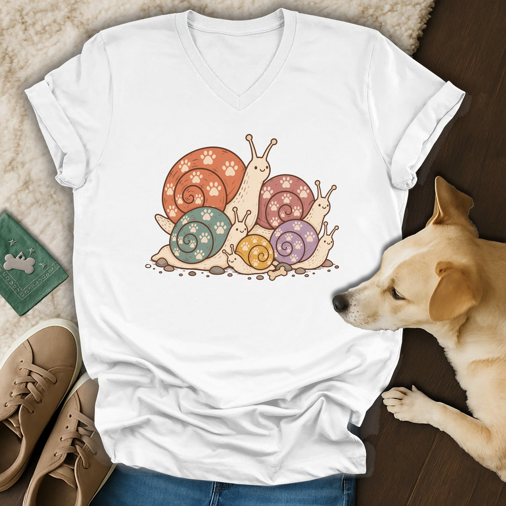 A white V-neck t-shirt featuring a cartoon illustration of colorful snails with paw print shells, laid flat next to sneakers and a dog.