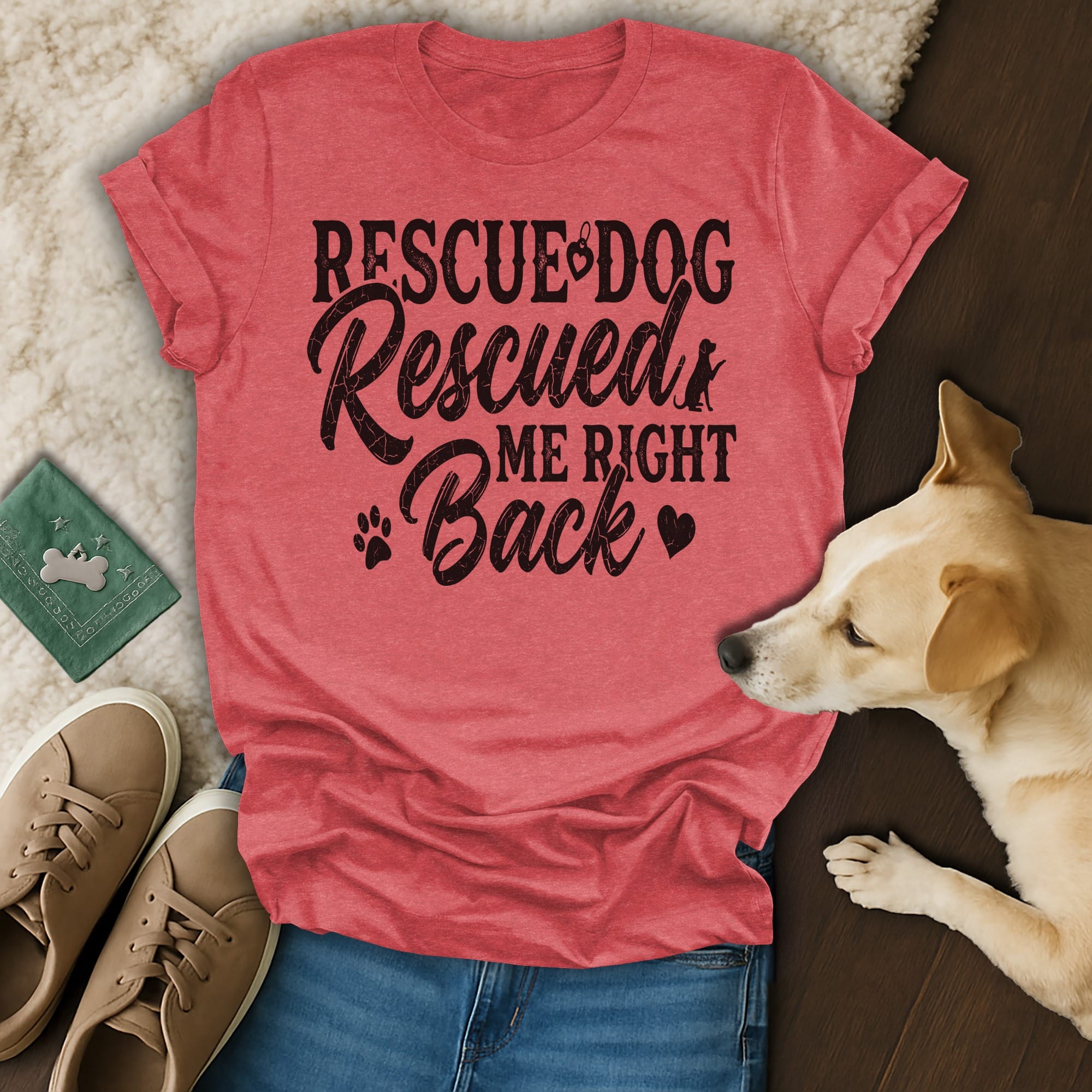 T-shirt with "Rescue Dog Rescued Me Back" text, dog, sneakers, and bandana.