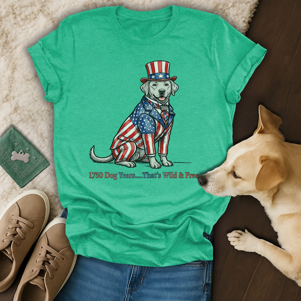 Dog wearing patriotic suit and top hat, text reads "1776 Dog Years... That's Wild & Free".