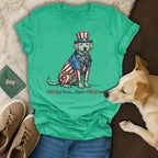 Dog wearing patriotic suit and top hat, text reads "1776 Dog Years... That's Wild & Free".
