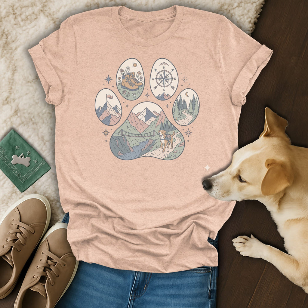 Dog paw print design with mountain, hiking boot, and compass elements.