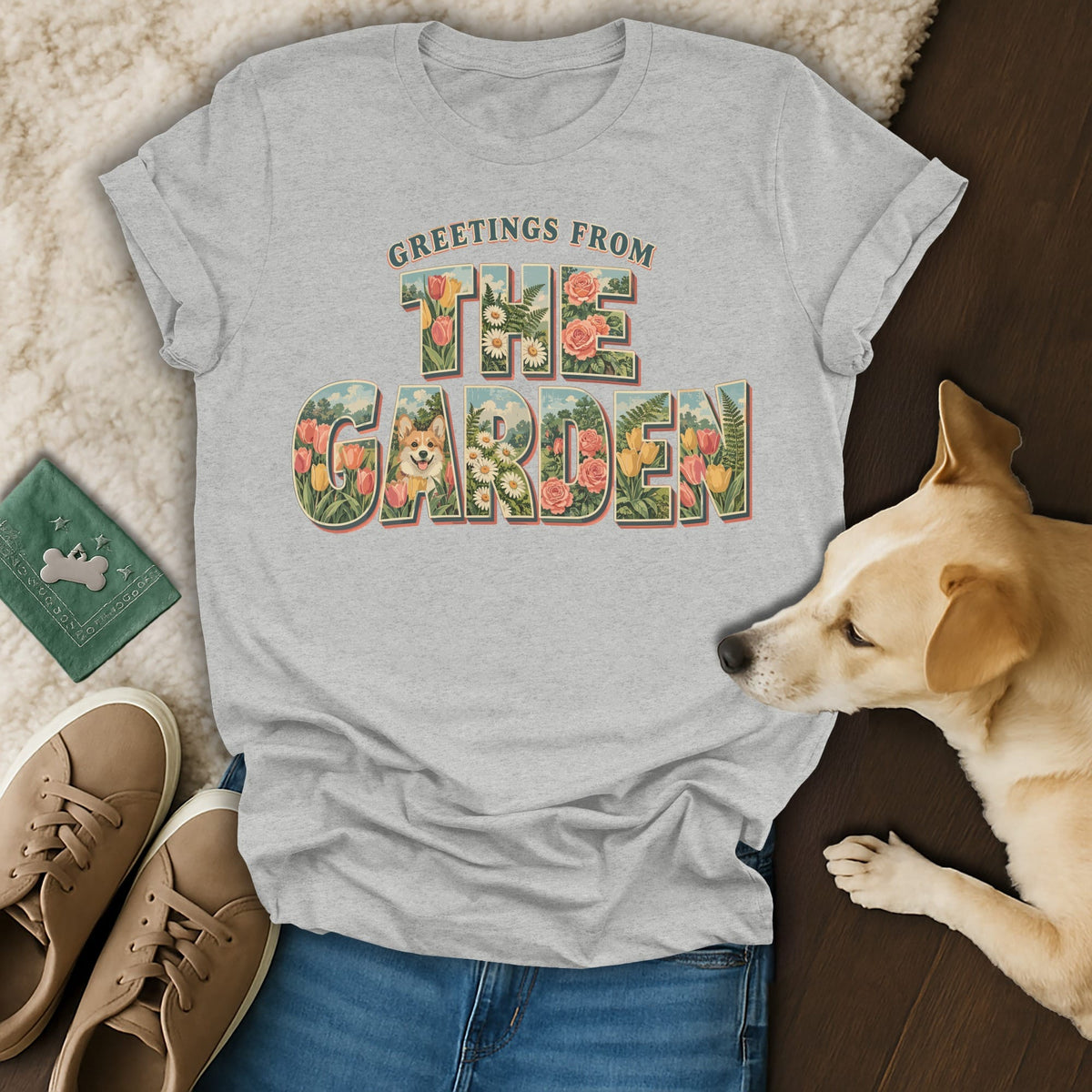 A heather gray t-shirt featuring a floral graphic with a corgi and the text Greetings From The Garden.