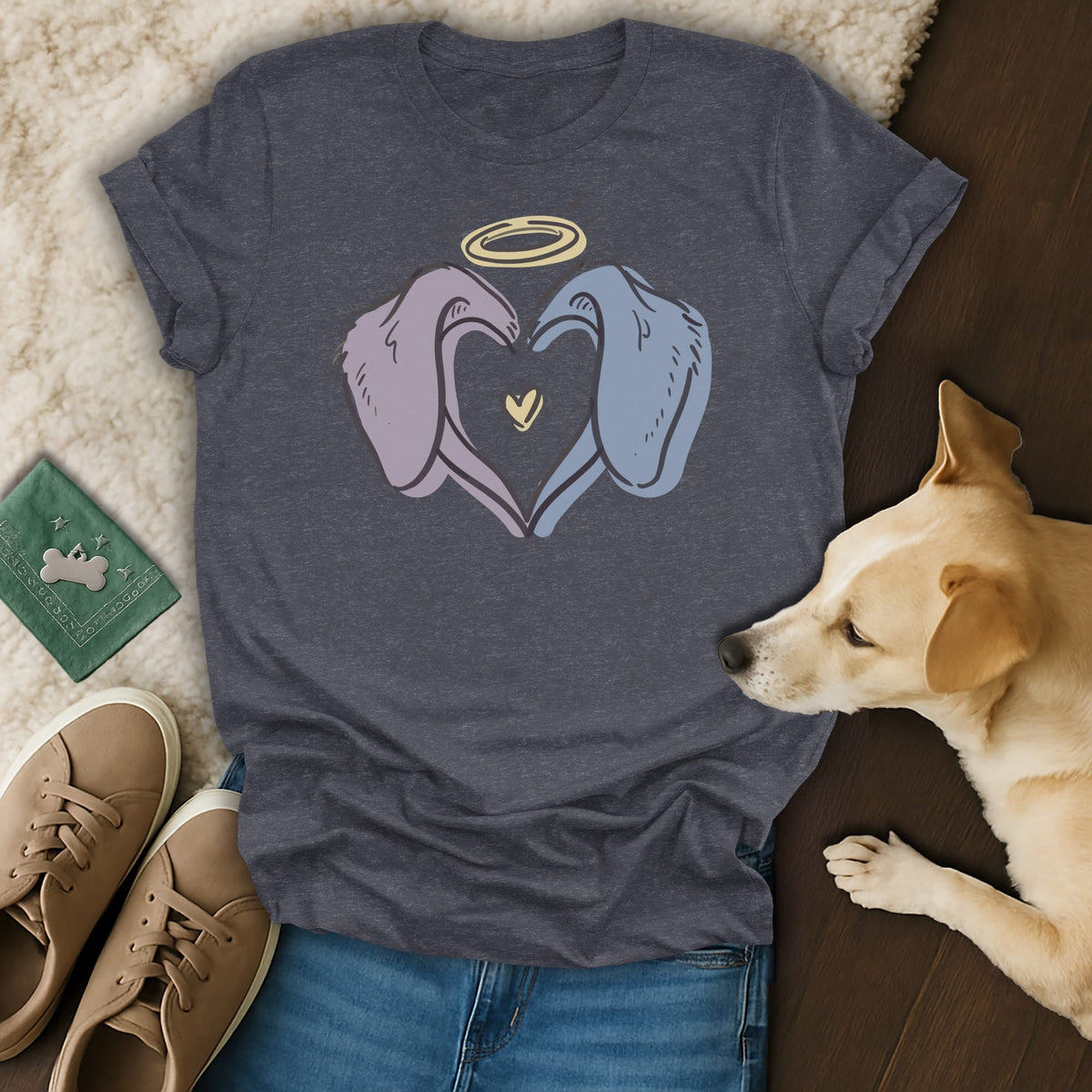 Dark grey t-shirt with pastel dog paw heart graphic and halo.