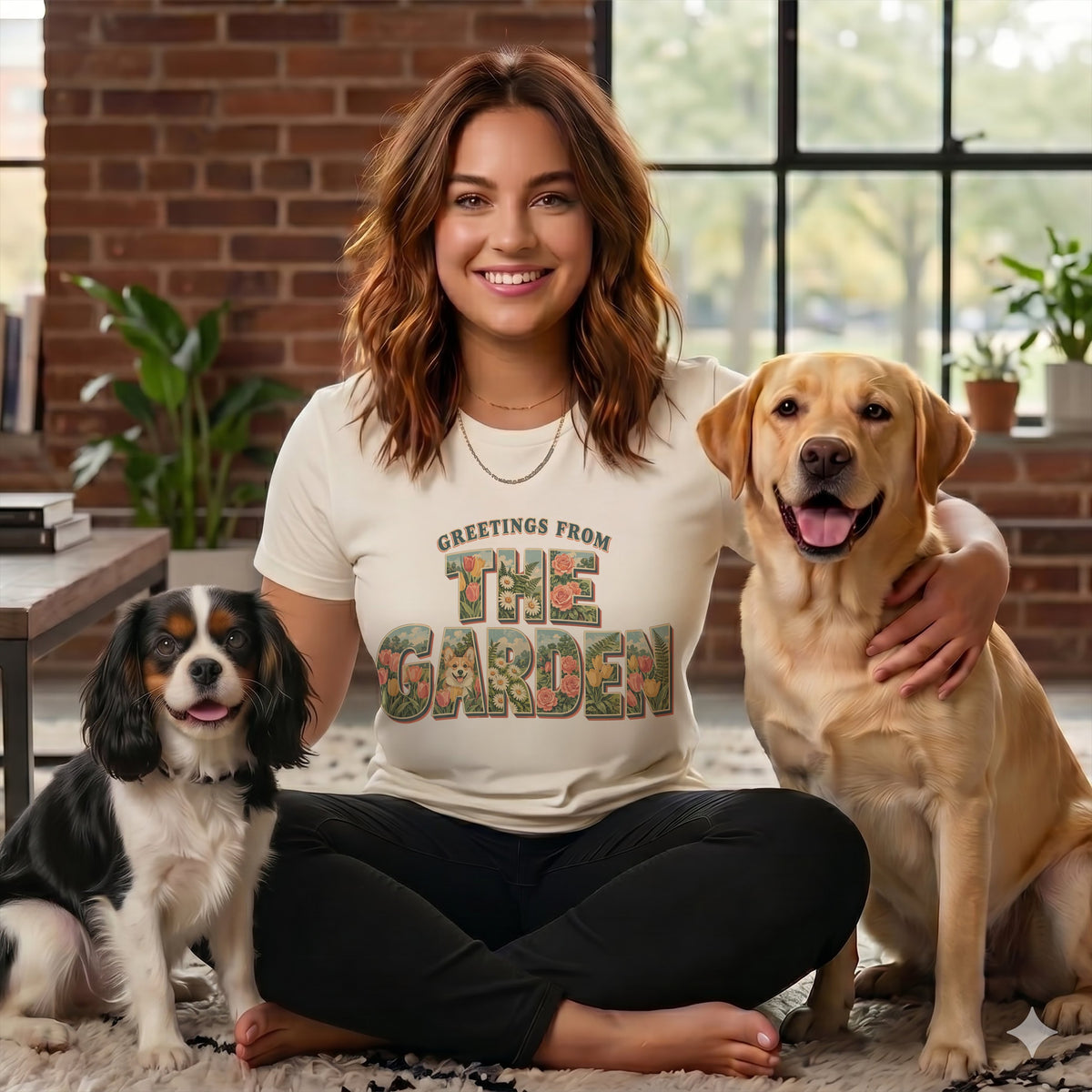 A smiling woman in a graphic t-shirt sits cross-legged on a rug flanked by a Cavalier King Charles Spaniel and a Labrador Retriever.