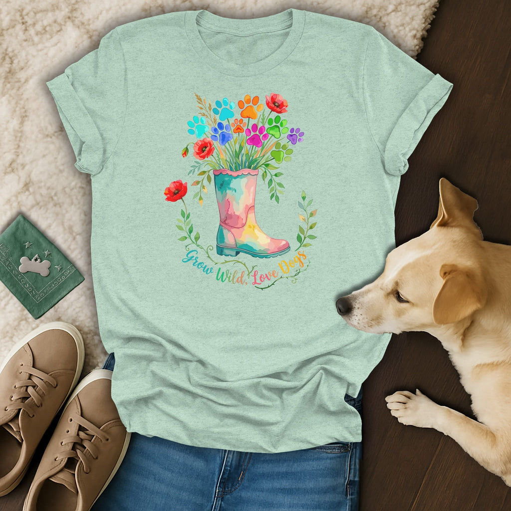 T-shirt with a watercolor design of colorful paw prints, poppies, and a boot, reading "Grow Wild, Love Dogs."