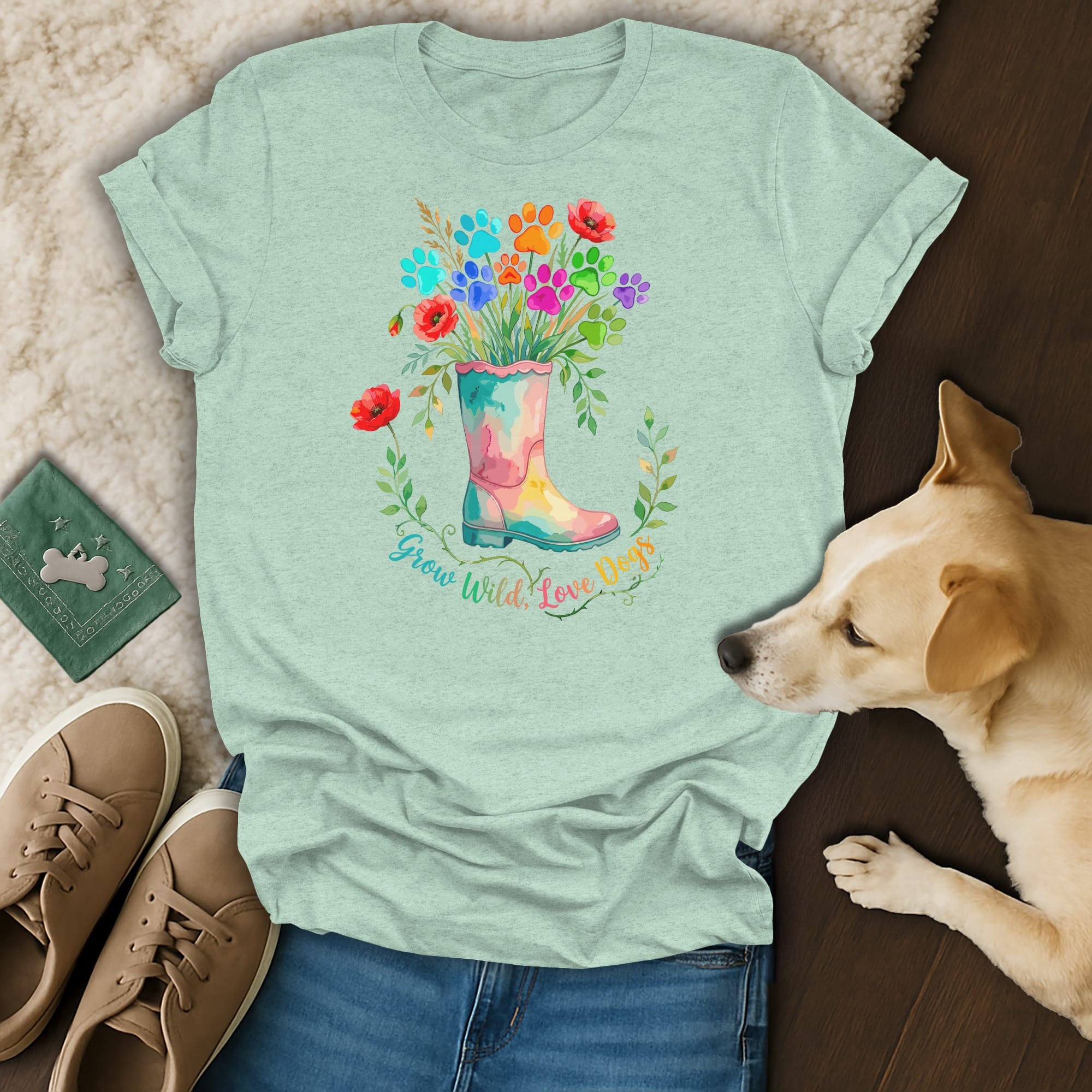 T-shirt with a watercolor design of colorful paw prints, poppies, and a boot, reading "Grow Wild, Love Dogs."