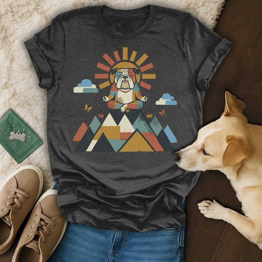 Bulldog meditating on mountain with sun, clouds, and butterflies.