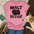Pink t-shirt with "MALT INTO MY HEART" text and a dog illustration.