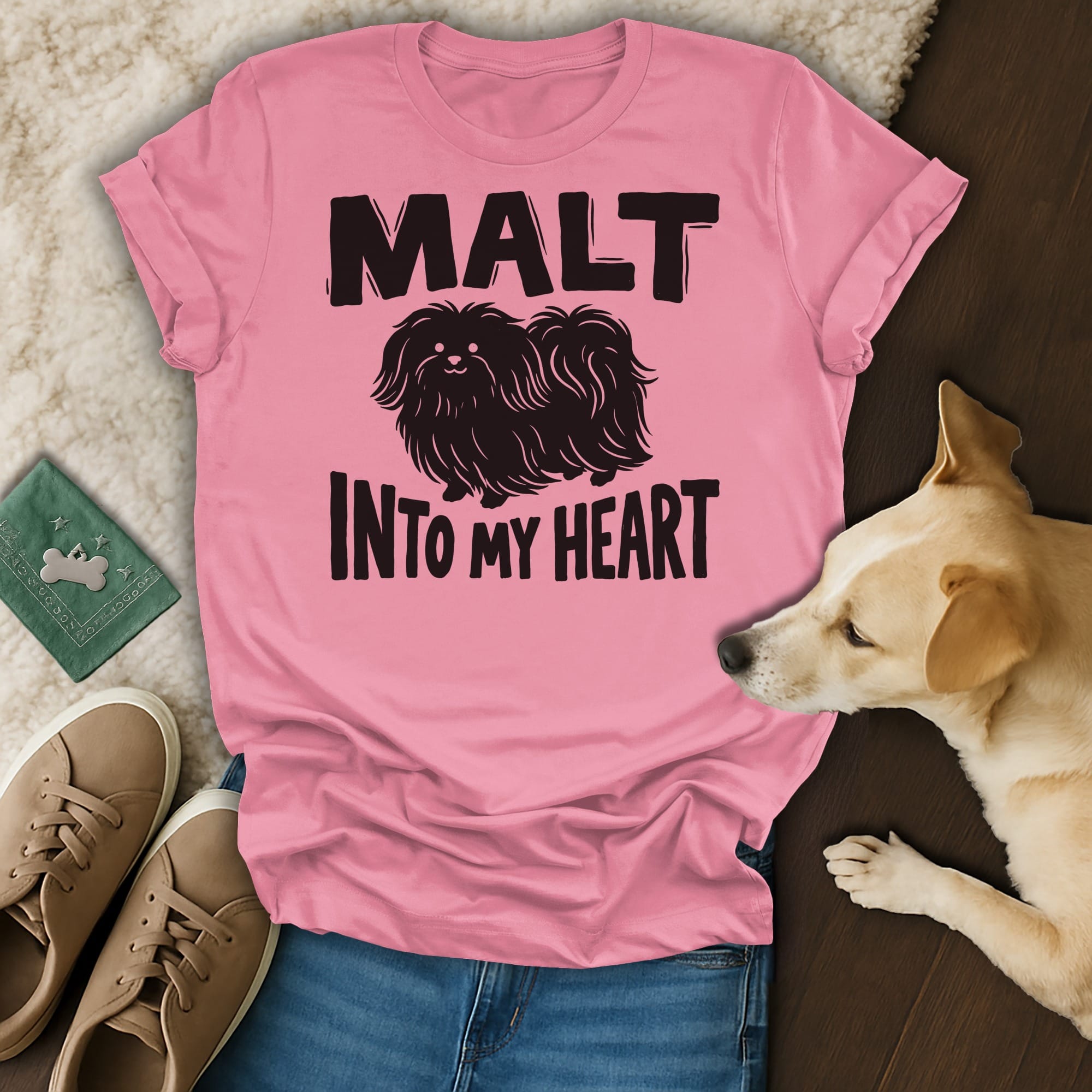 Pink t-shirt with "MALT INTO MY HEART" text and a dog illustration.