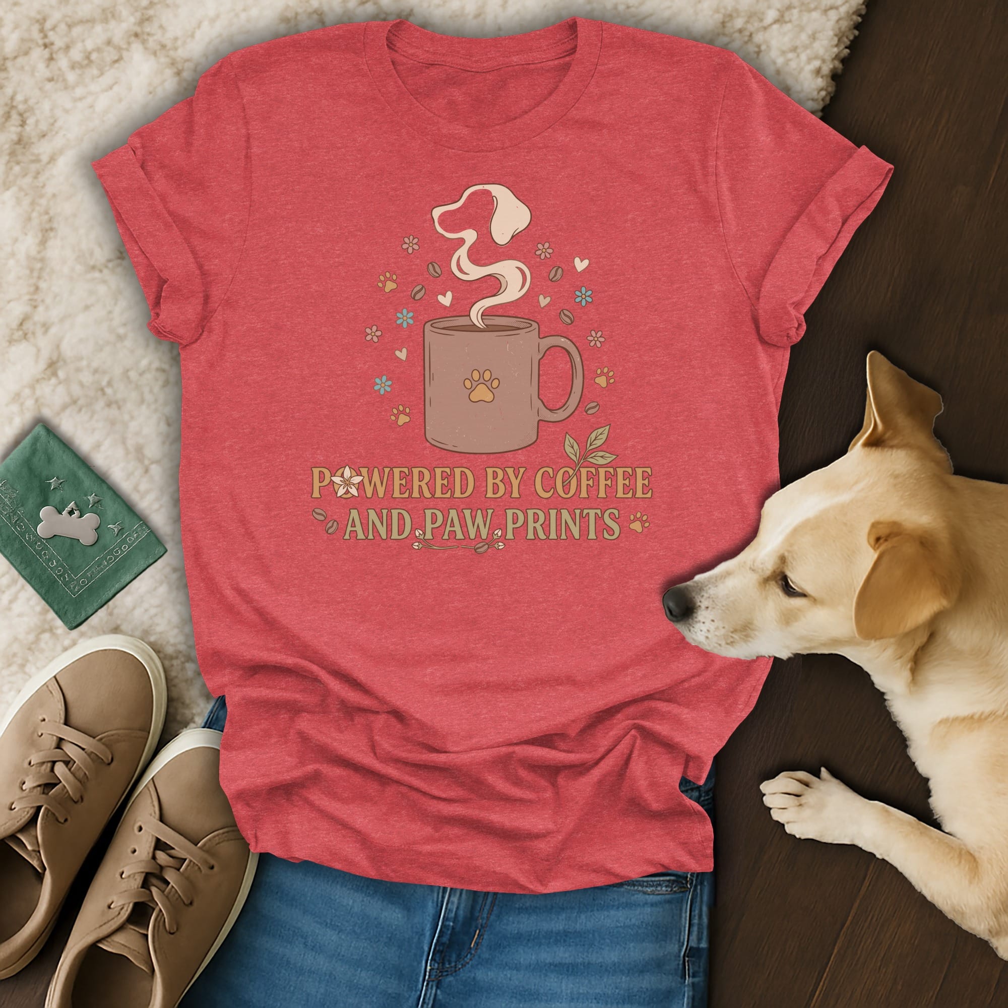 A red crewneck t-shirt featuring a coffee mug graphic that reads, Powered by Coffee and Paw Prints.