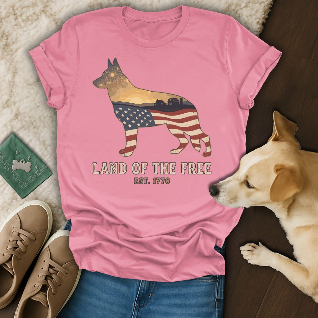 Pink t-shirt with US flag dog silhouette, "Land of the Free" text.