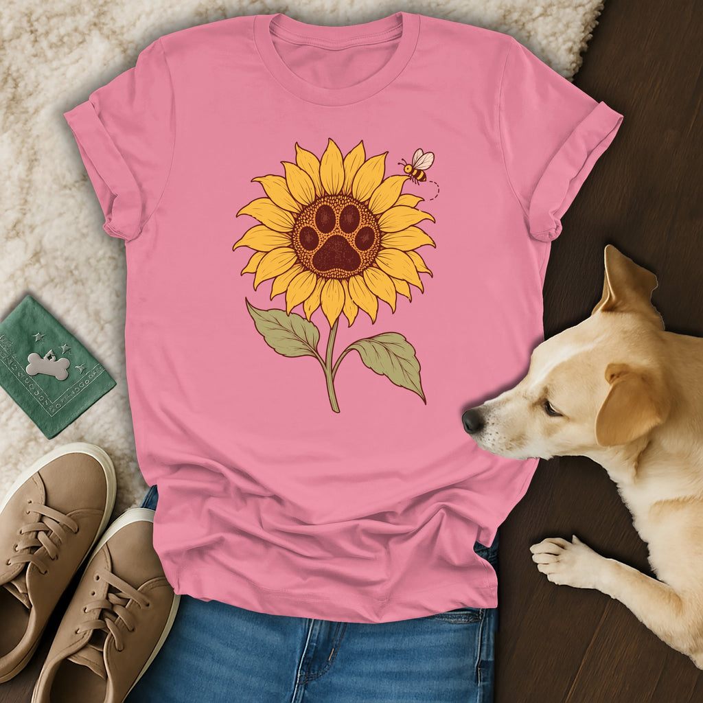 Pink t-shirt with a sunflower and paw print graphic, accompanied by jeans, shoes, and a dog.