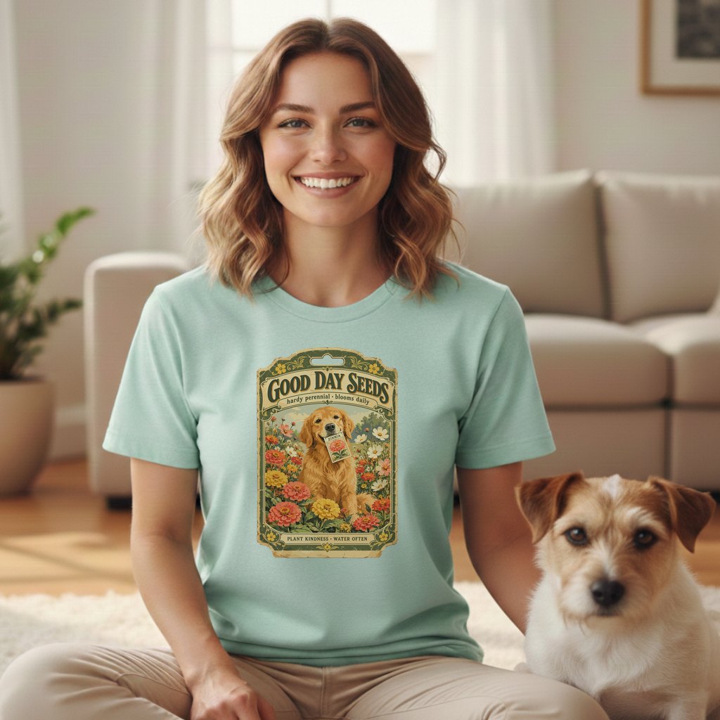 A smiling woman wearing a mint-green t-shirt with a vintage seed packet graphic, sitting indoors next to a small dog.