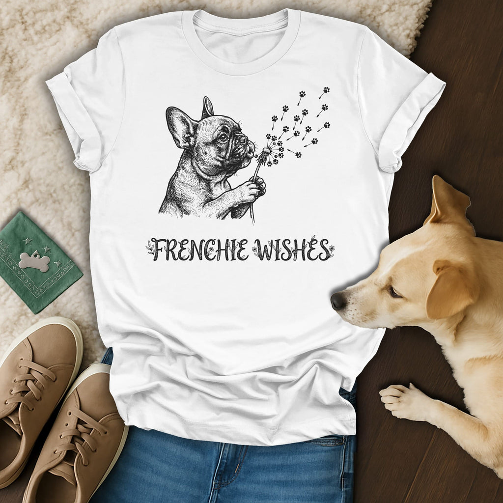 White t-shirt with "Frenchie Wishes" text and French bulldog blowing dandelion seeds.