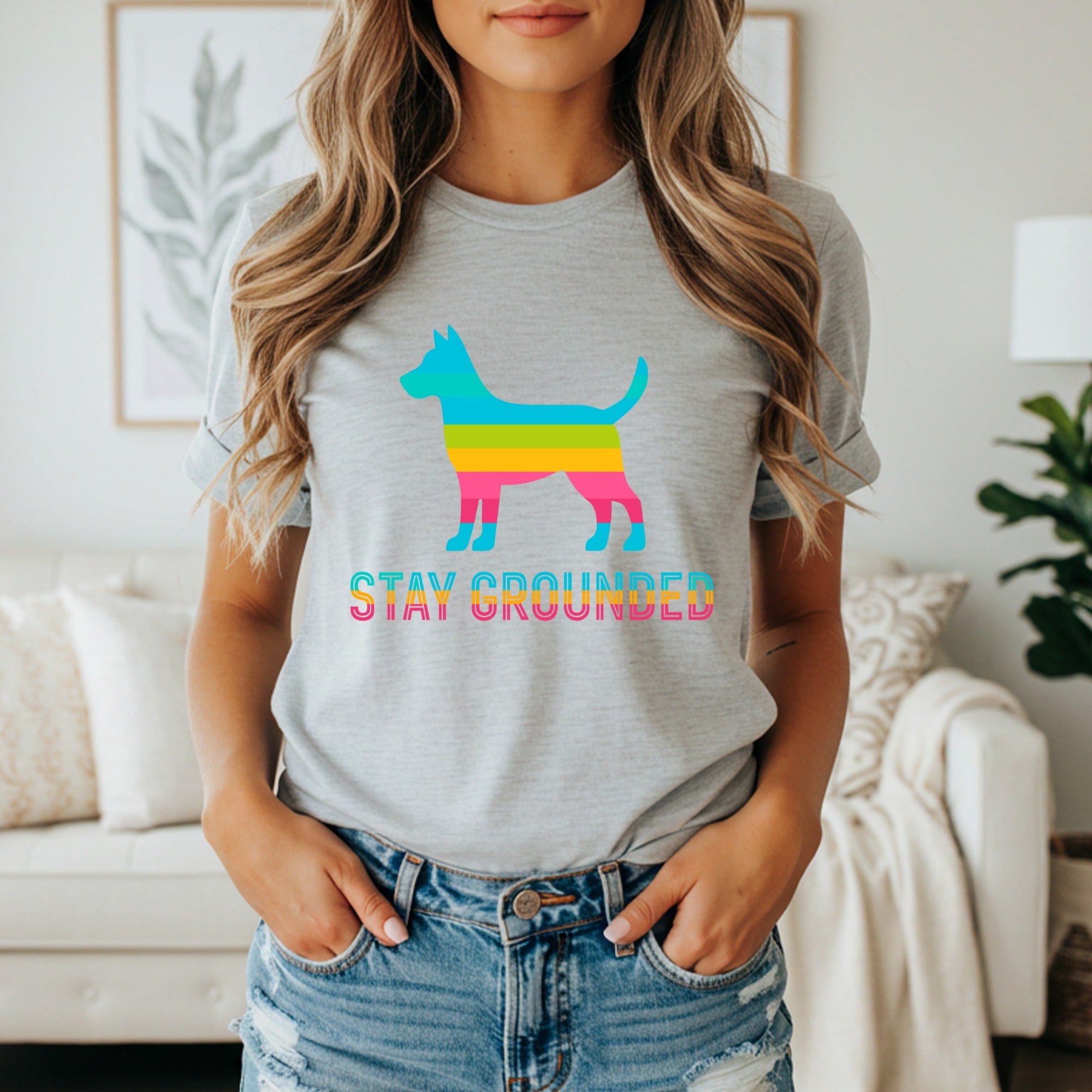 Stay Grounded Rainbow Dog Print Casual T-Shirt