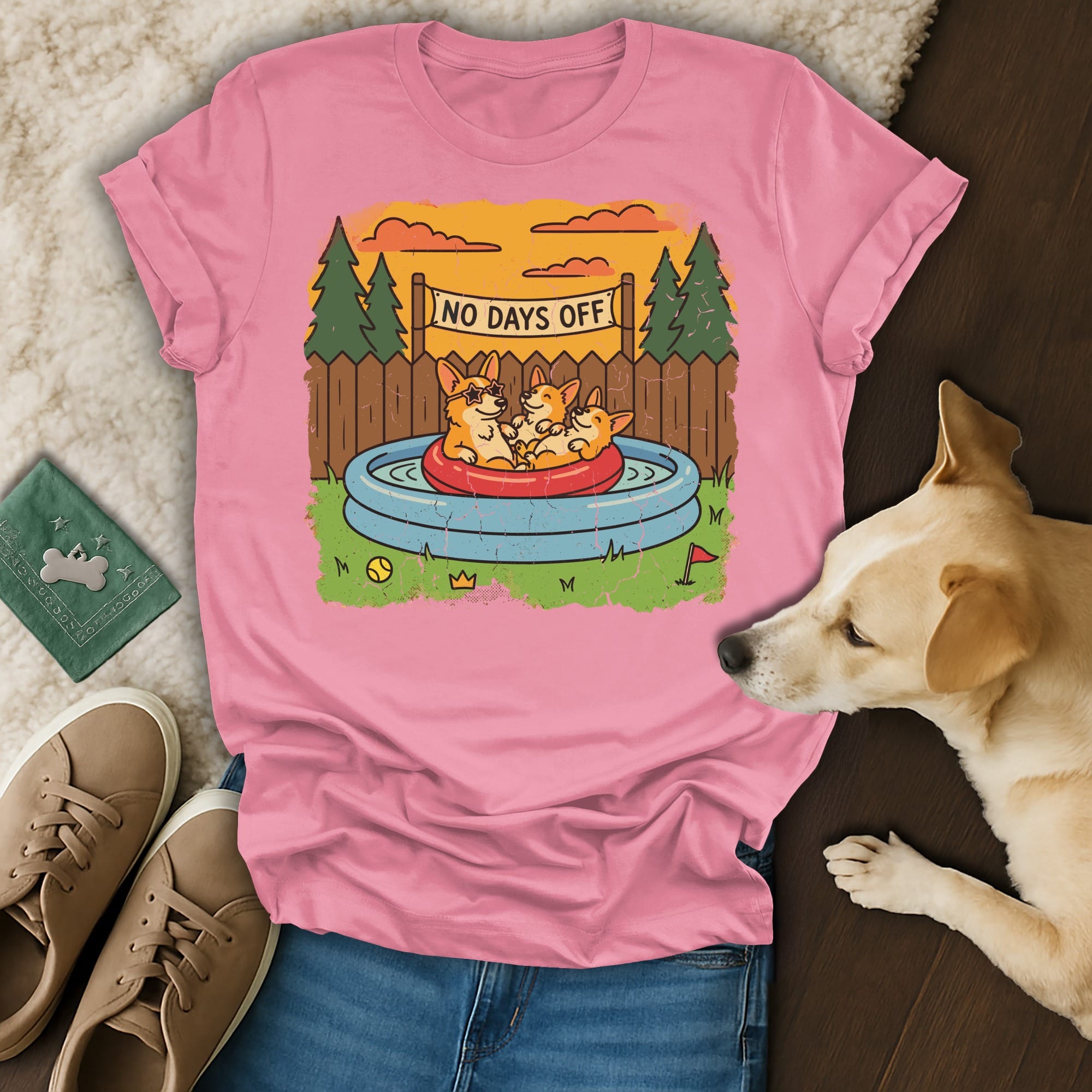Three Corgis in a kiddie pool with "NO DAYS OFF" text.