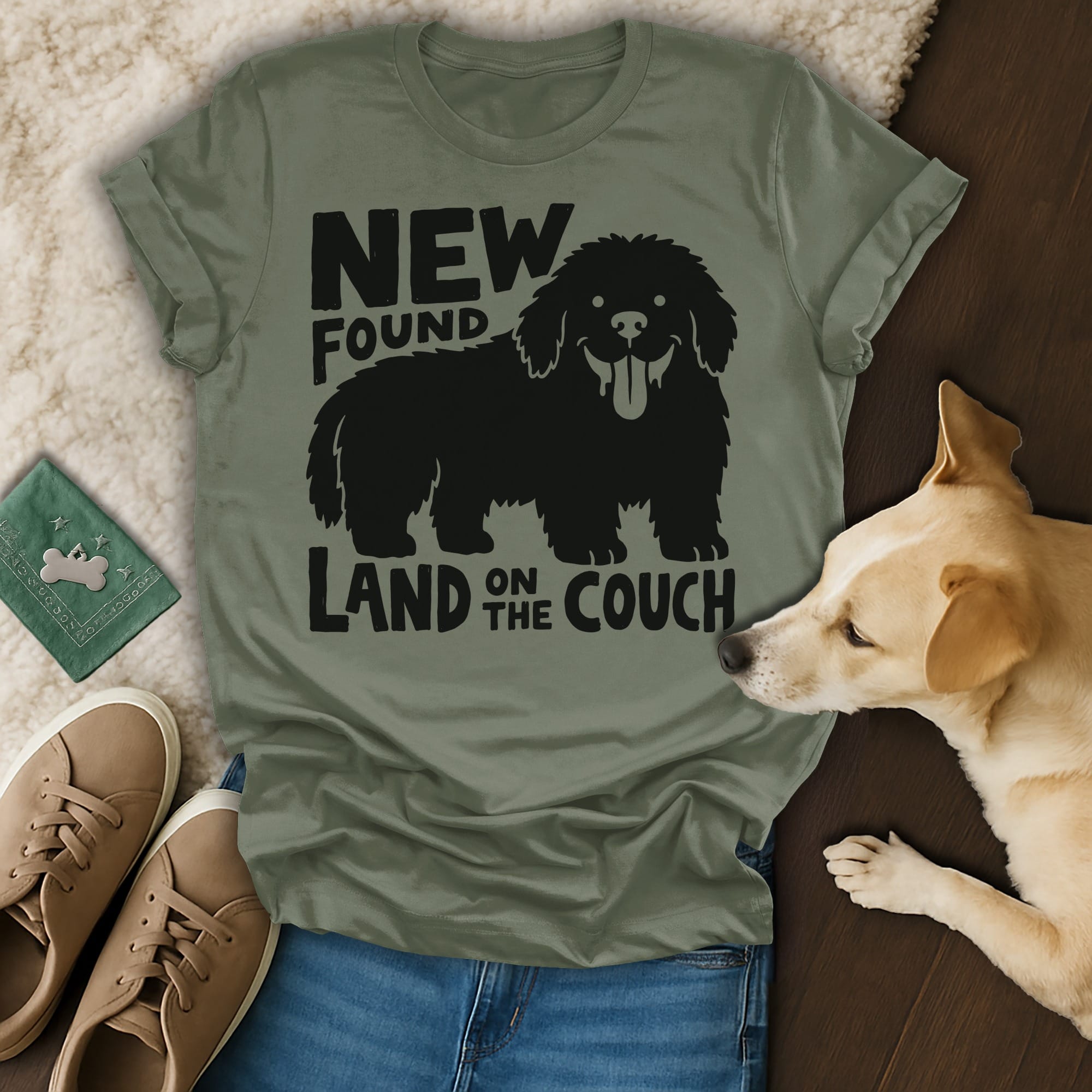 Olive green t-shirt with black text and dog graphic reading "New Found Land on the Couch".
