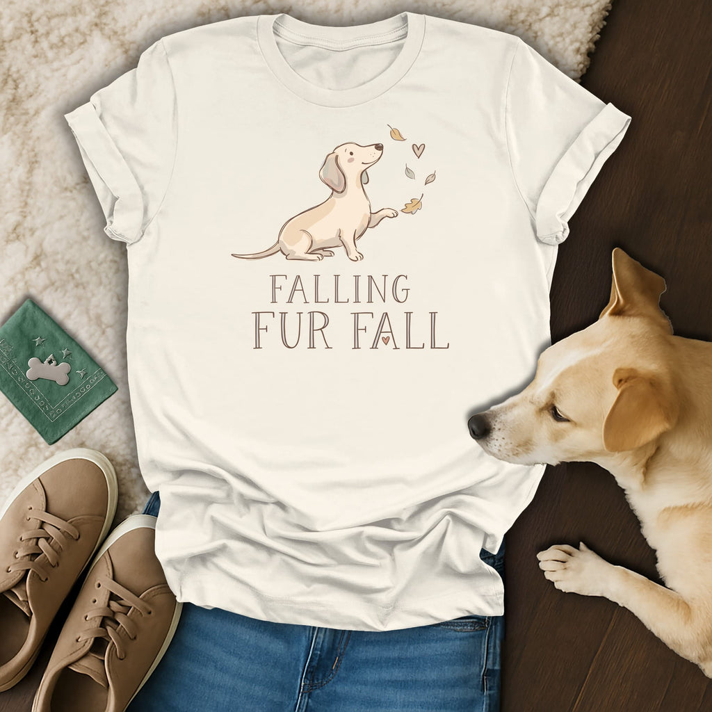 Cream t-shirt with dachshund graphic and text "FALLING FUR FALL".