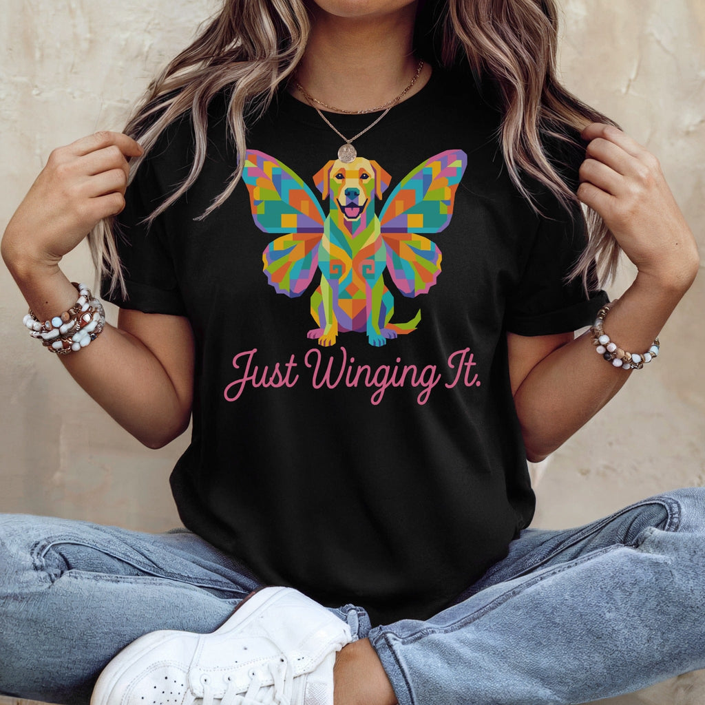 Colorful Geometric Winged Dog Just Winging It product type
Dog graphic
Butterfly dog
Geometric design
Colorful apparel
Vibrant print
Abstract animal
Labrador art
Just Winging It
Cute dog shirt
Pet owner gift
Unique artwork
Whimsical design
Animal lover
Statement tee
Artistic print
Rainbow dog
Funny graphic
Dog with wings
Creative design
Canine art