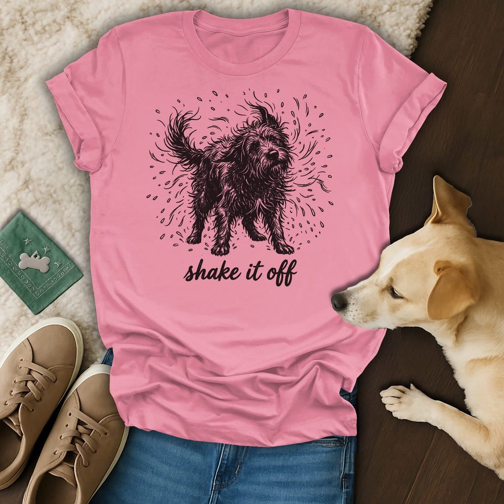 Pink t-shirt with a distressed graphic of a scruffy dog and the text "shake it off".