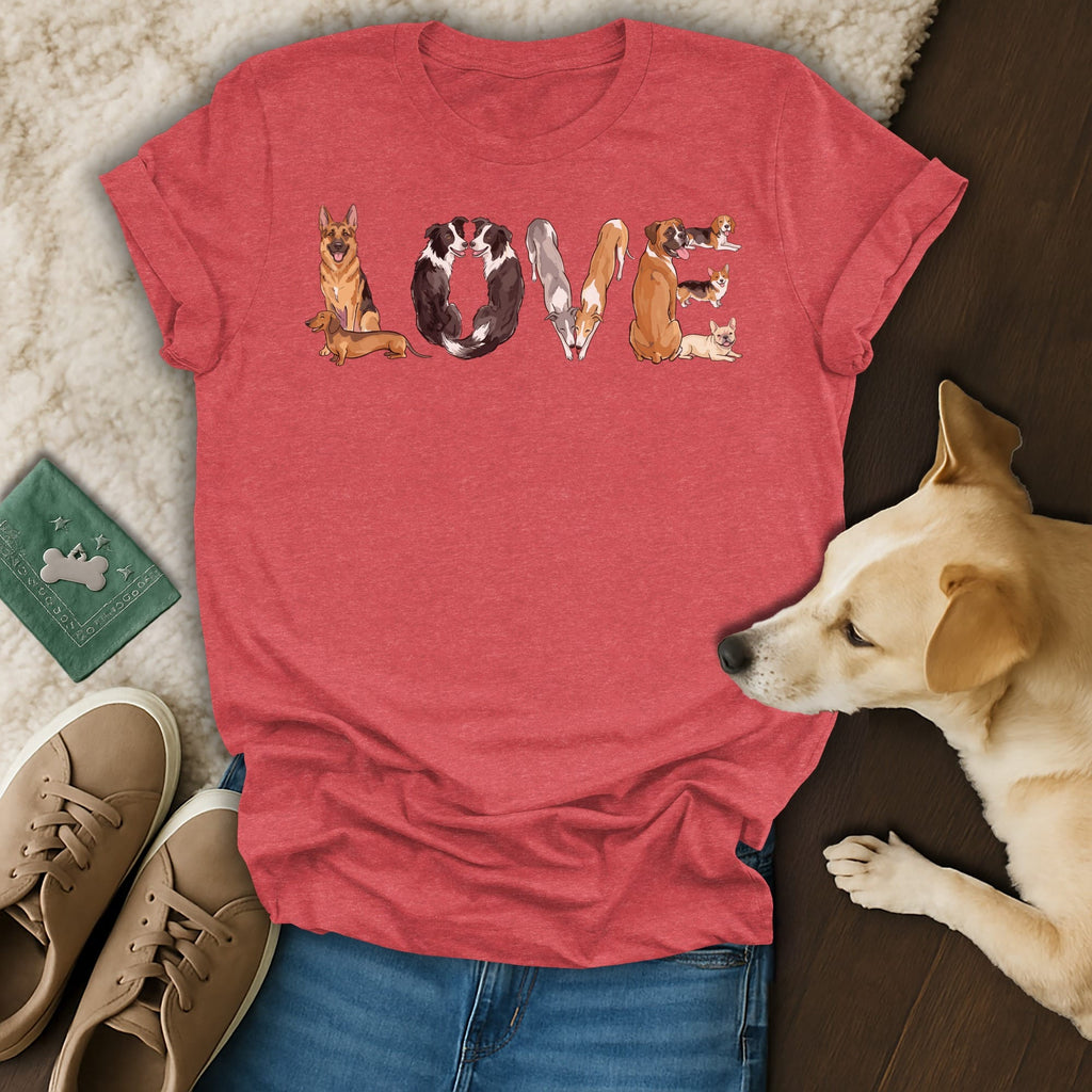 Red t-shirt with dogs forming the word "LOVE" as a graphic design.