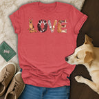 Red t-shirt with dogs forming the word "LOVE" as a graphic design.