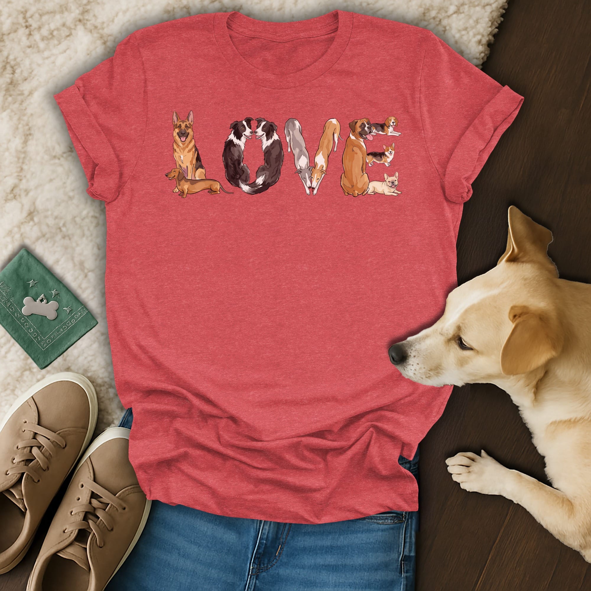 Red t-shirt with dogs forming the word "LOVE" as a graphic design.