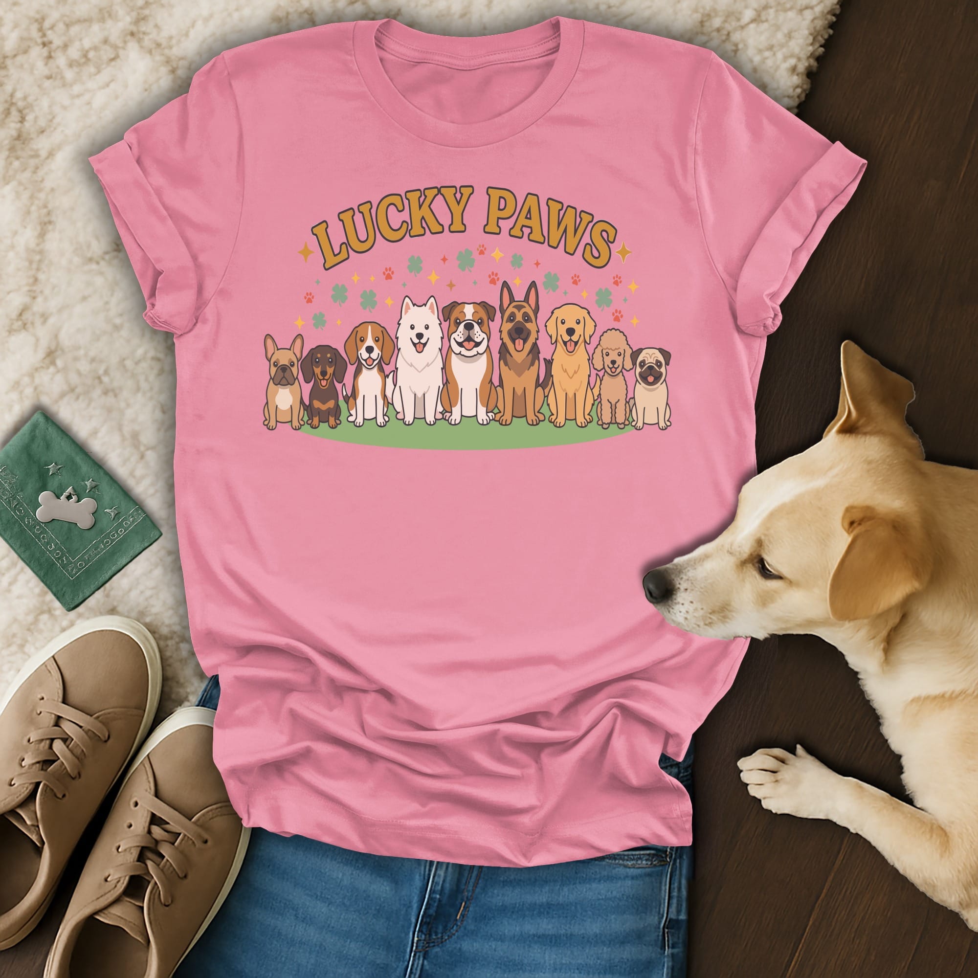 Pink t-shirt with cartoon dogs and "Lucky Paws" text, featuring a real dog nearby.