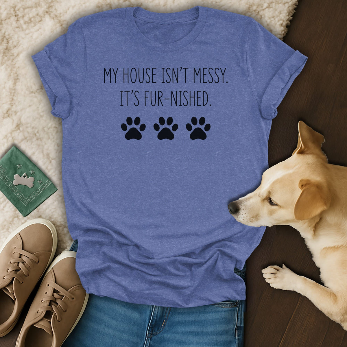 Blue t-shirt with "My house isn't messy. It's fur-nished." text and paw prints.