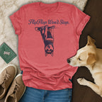 T-shirt with "FlipFlop Won't Stop" text and upside-down dog graphic.