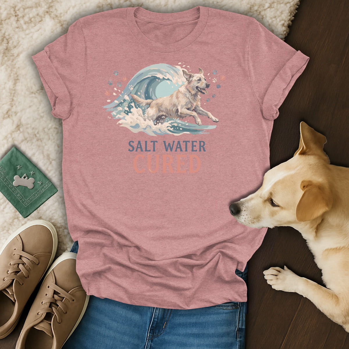 T-shirt with a dog running in a wave and text that says "SALT WATER CURED."