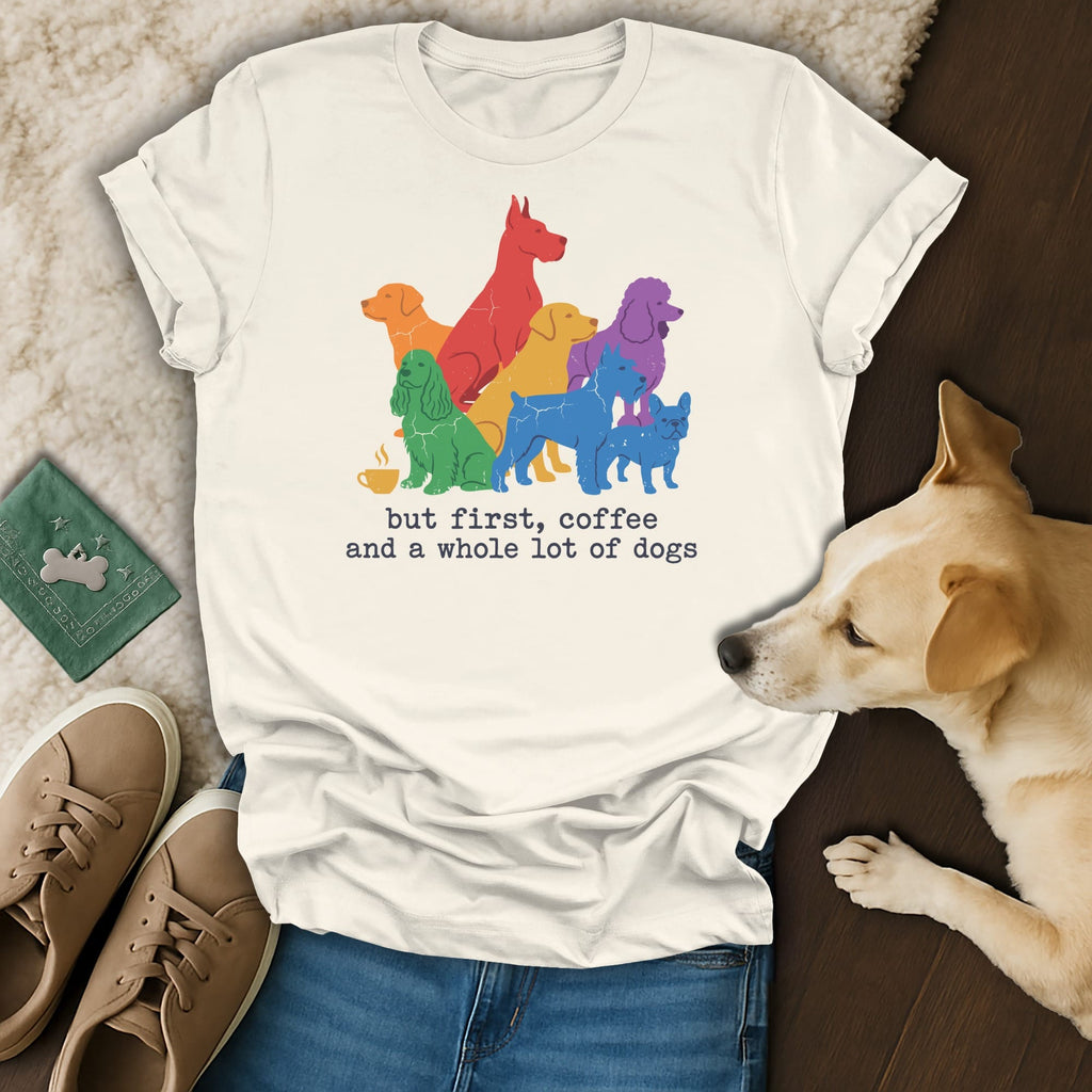 Cream t-shirt with colorful dog illustration and "but first, coffee and a whole lot of dogs" text.